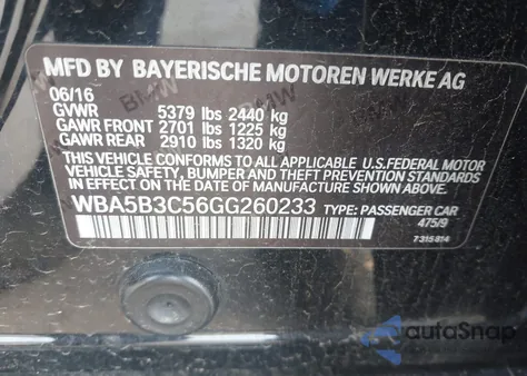 2016 BMW 535I xDrive from USA, damaged, VIN WBA5B3C56GG260233